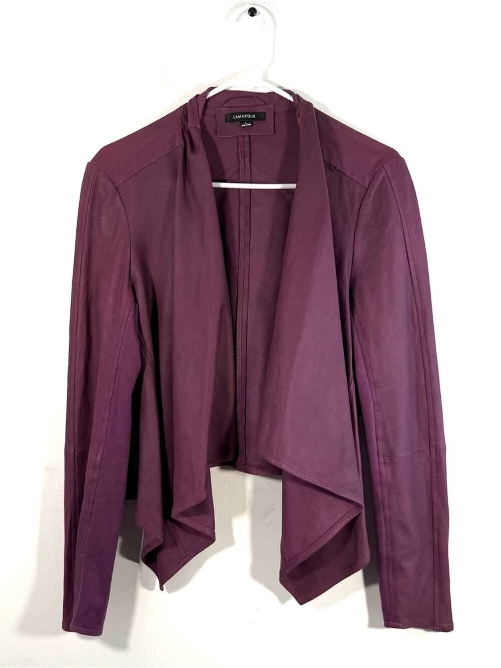 Lamarque Purple 100% Genuine Leather Waterfall Draped Front Jacket Large